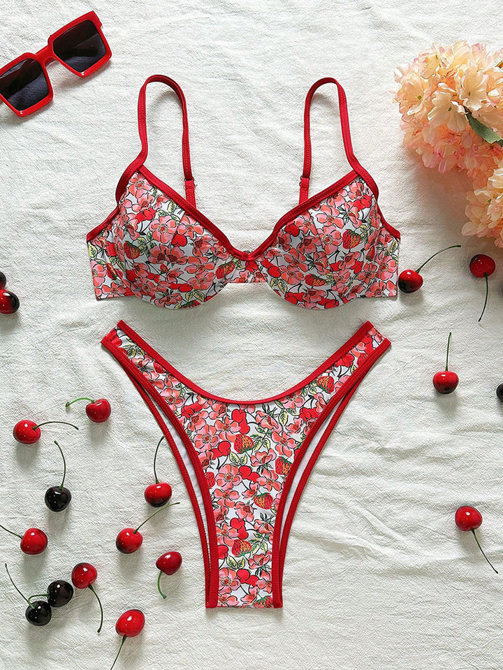 Damen Blumenmuster Bikini-Set mit elegantem Bustier-Oberteil und niedrigem Slip Drune