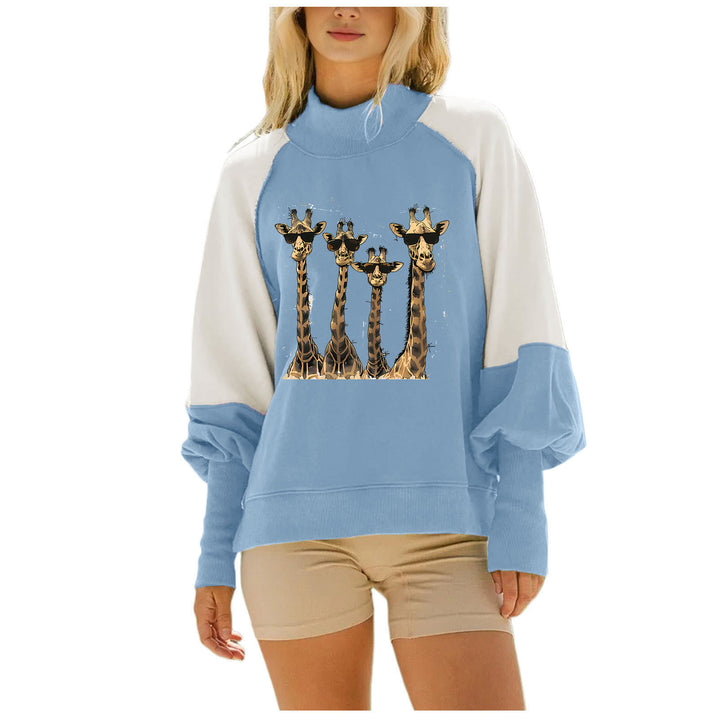 Damen nan lässiges Oversize Sweatshirt mit hohem Rollkragen, Raglanärmeln und Giraffen-Print Drune