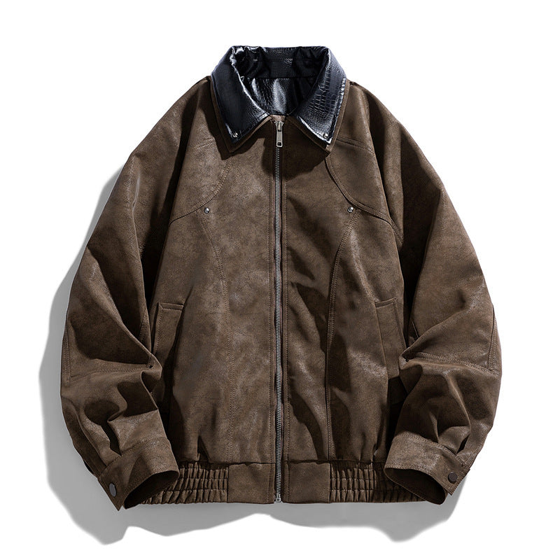 Herren Modische Kunstlederjacke mit Stehkragen Drune