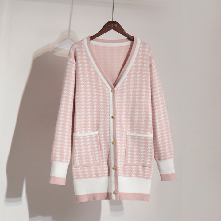 Damen Strickcardigan mit klassischem Hahnentritt-Muster und Knopfleiste Drune
