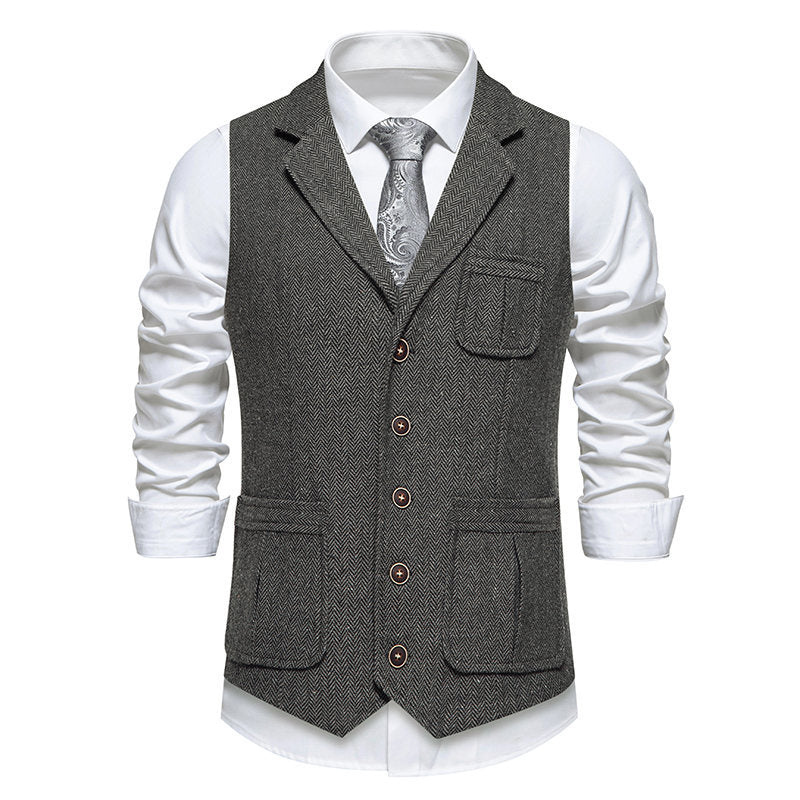 Herren Tweed‑Weste mit Fischgrätmuster, Reverskragen und aufgesetzten Taschen Drune