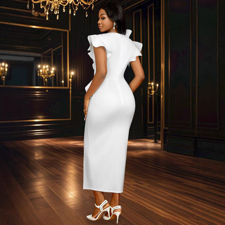 Damen Elegantes Midi-Kleid mit asymmetrischem Rüschen-Design und floralem Akzent Drune
