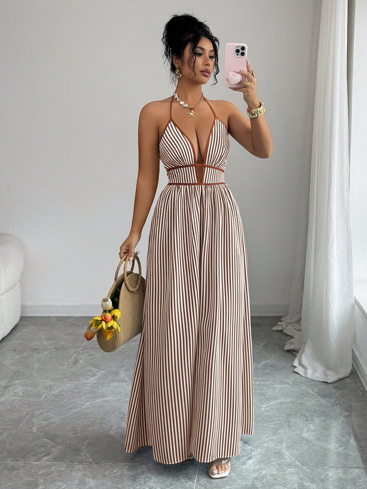 Damen Gestreiftes Neckholder-Maxikleid mit tiefem V-Ausschnitt und Taillen-Cut-Out Drune