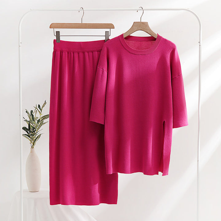 Damen stilvolles Strickset mit lässigem Schnitt und seitlichem Schlitz Drune