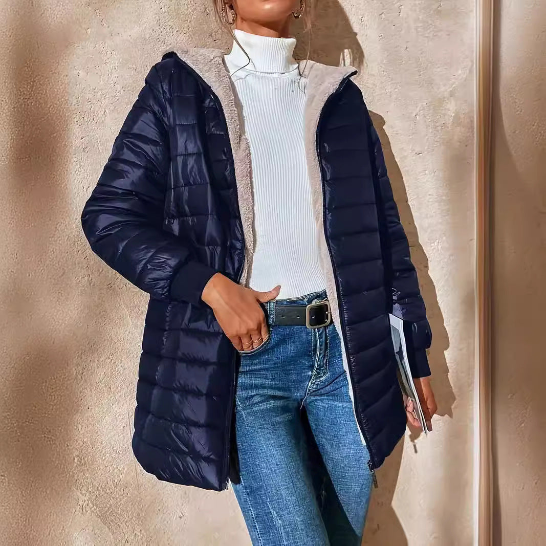 Damen Langer Steppmantel mit Teddyfutter und Kapuze Drune