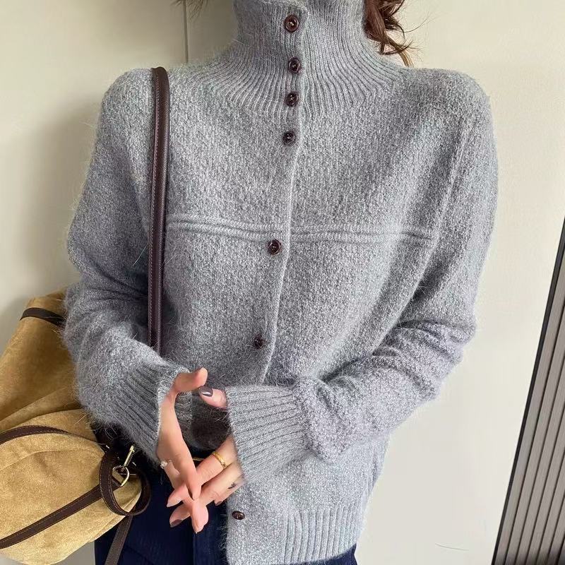 Damen Strickjacke mit hohem Kragen und Knopfdetails Drune