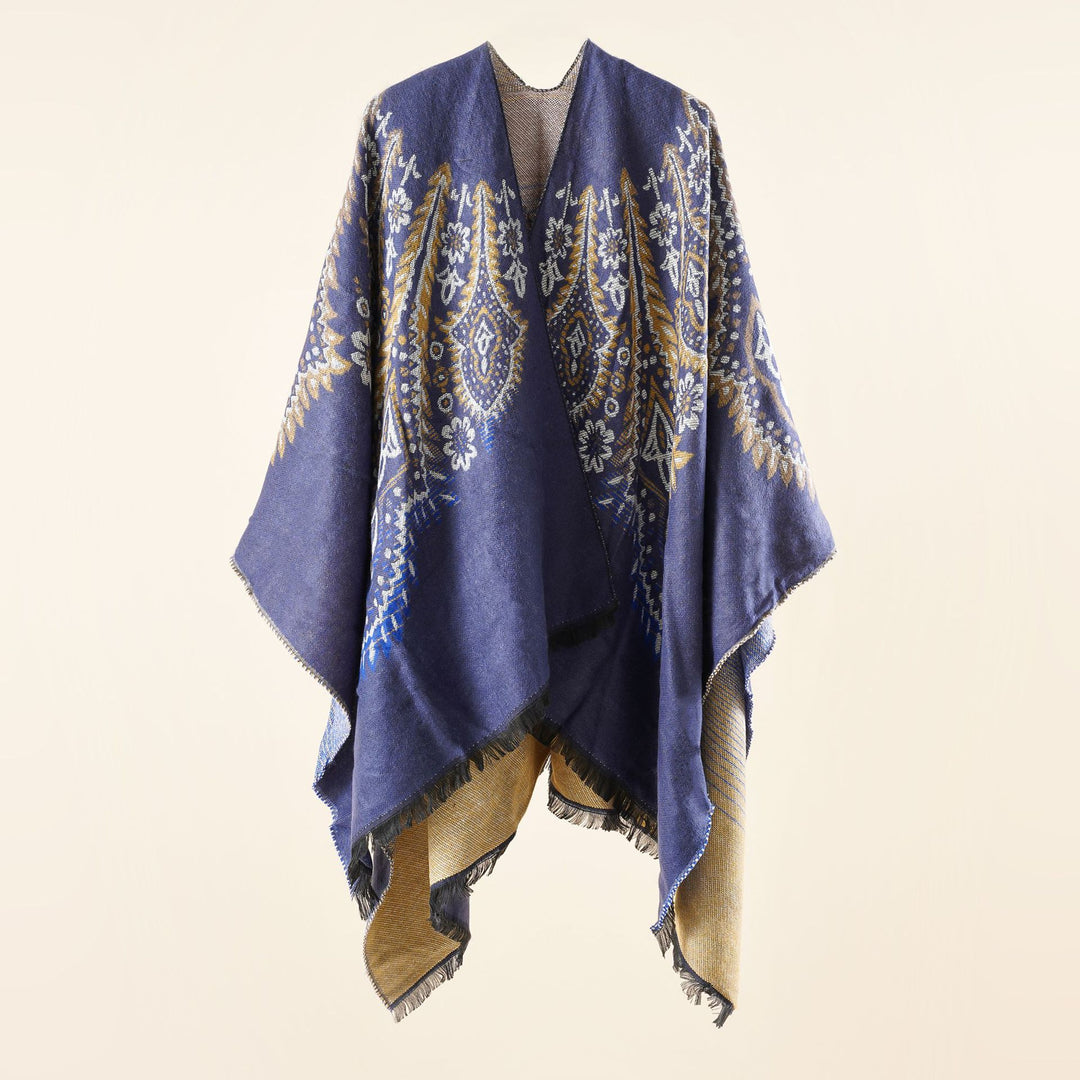 Damen Reversibler Jacquard-Wickelponcho im Oversize-Kaftan mit Fransensaum Drune