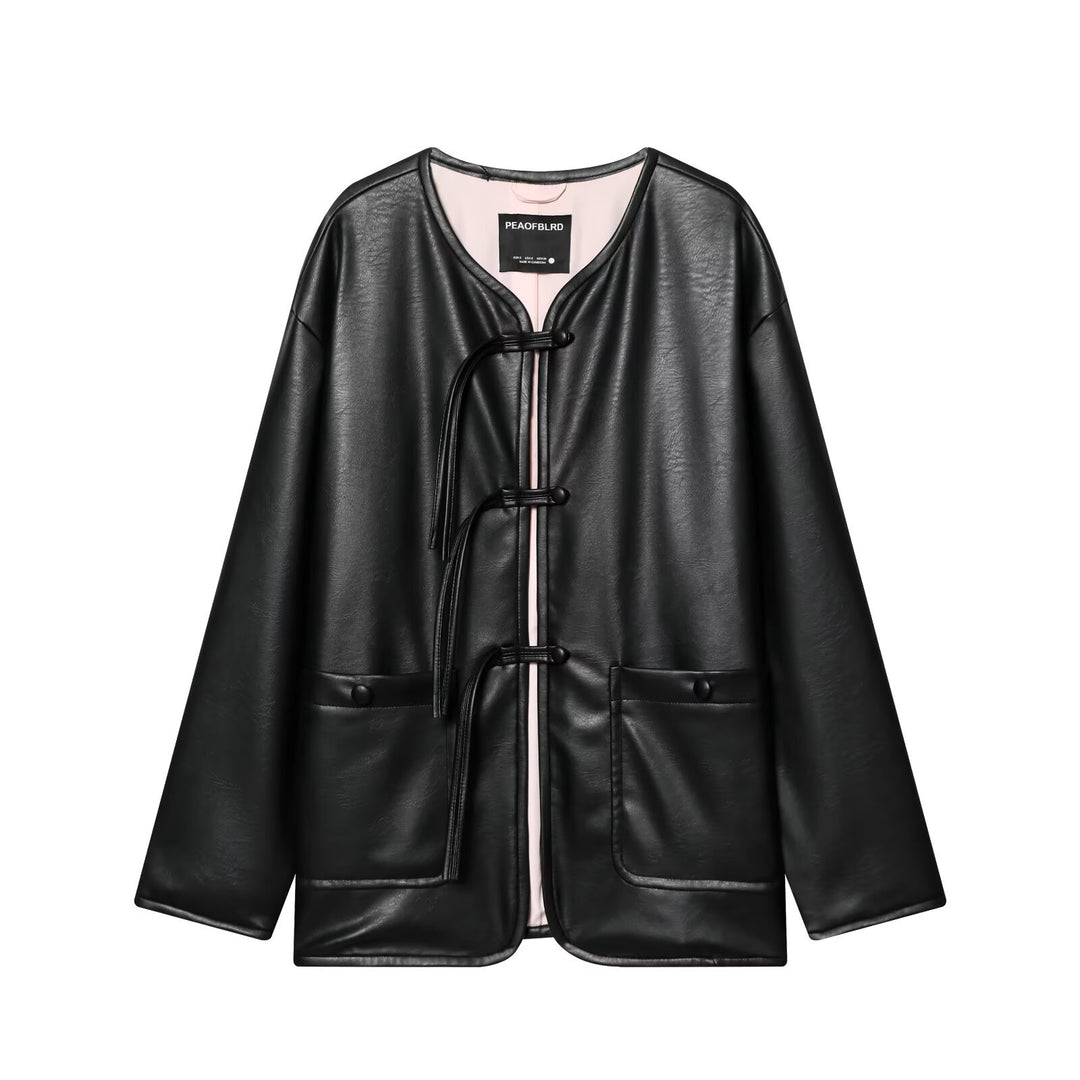 Damen Oversize Kunstlederjacke mit Kordel-Knotenverschluss und aufgesetzten Taschen Drune