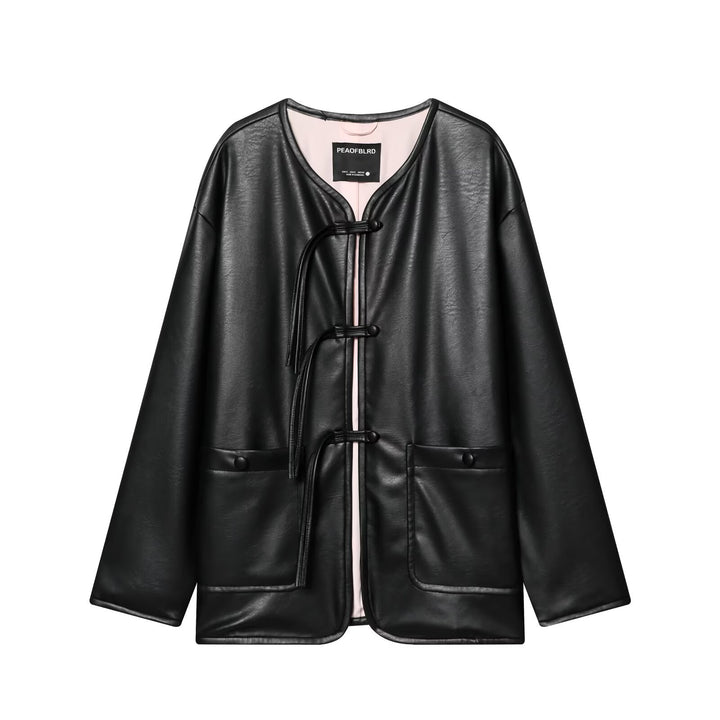 Damen Oversize Kunstlederjacke mit Kordel-Knotenverschluss und aufgesetzten Taschen Drune