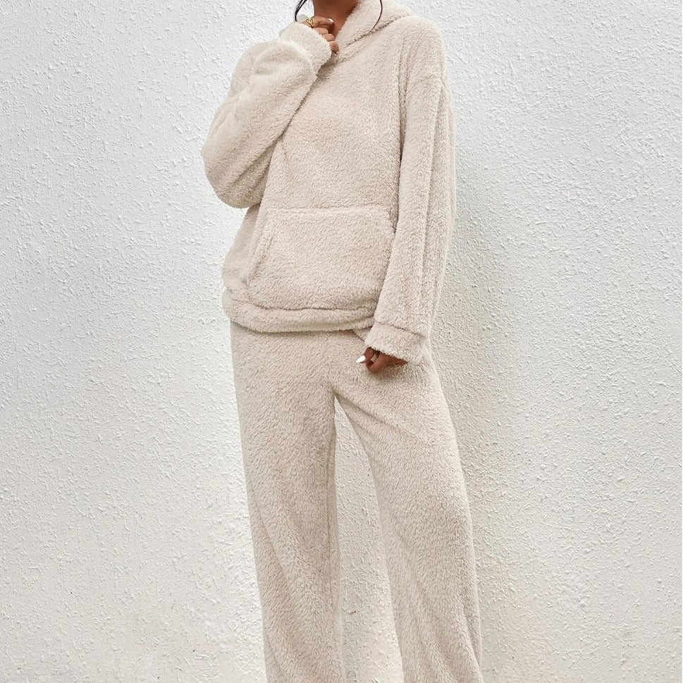 Damen nan kuscheliges Teddy-Fleece Hausanzug-Set mit Kapuze, Kängurutasche und elastischer Jogginghose Drune