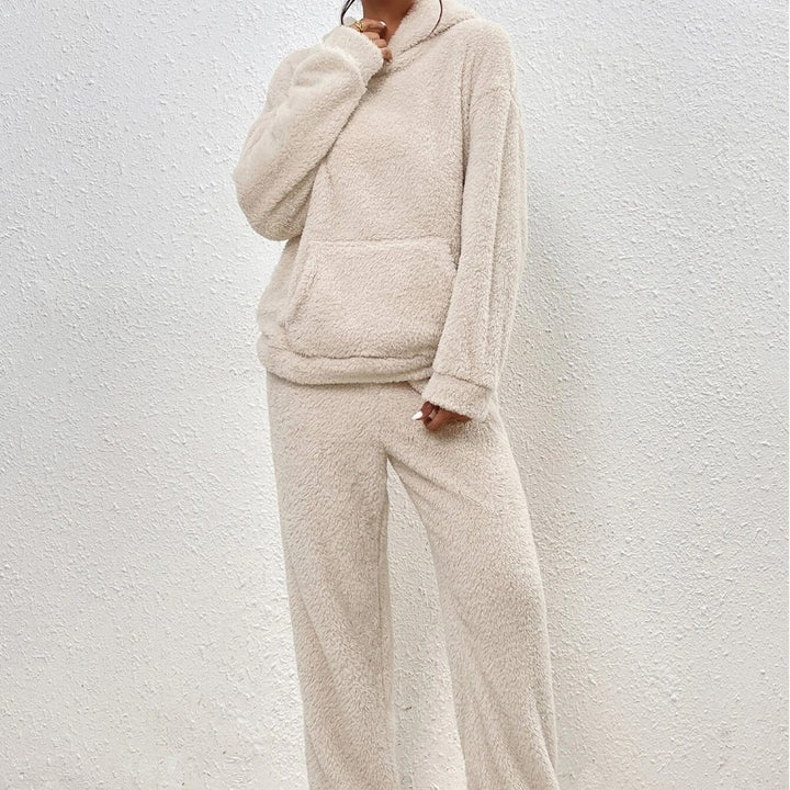 Damen nan kuscheliges Teddy-Fleece Hausanzug-Set mit Kapuze, Kängurutasche und elastischer Jogginghose Drune