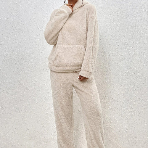 Damen nan kuscheliges Teddy-Fleece Hausanzug-Set mit Kapuze, Kängurutasche und elastischer Jogginghose Drune