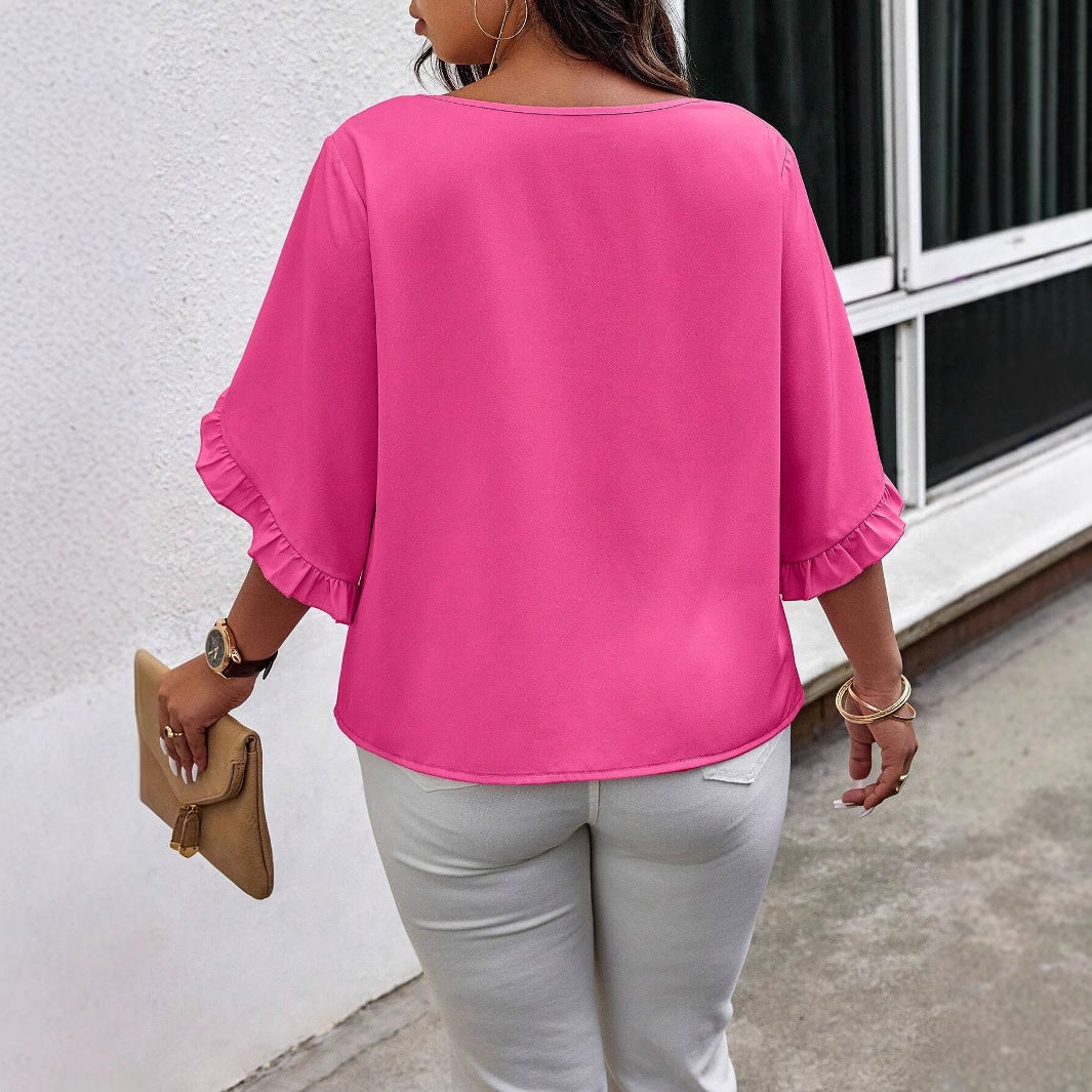 Damen V‑Ausschnitt Bluse mit Volantärmeln und lockerem Satinfall Drune