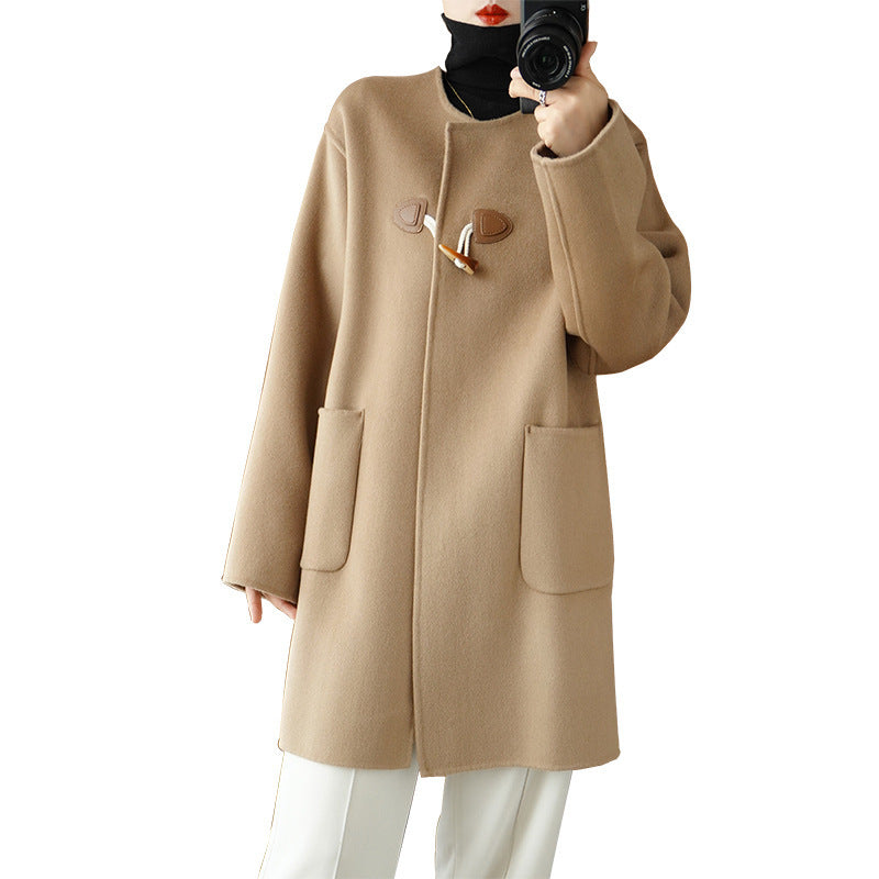 Damen Midilanger Wollmixmantel mit KnDruneelverschlüssen, kastiger Silhouette und aufgesetzten Taschen Drune