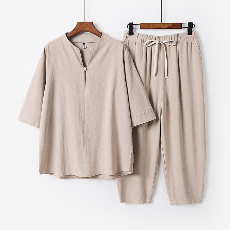 Damen Leichtes Leinen-Baumwoll-Loungewear-Set mit Stehkragen, Dreiviertelärmeln und Gummizugbundhose Drune