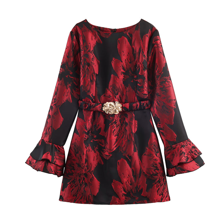 Damen nan festliches A-Linien Minikleid mit Jacquardstruktur, voluminösen Volantärmeln und dekorativem Ziergürtel Drune