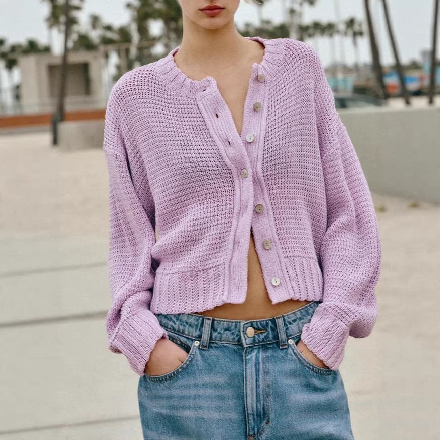 Damen Lockere Cropped-Strickjacke mit Knopfleiste und offener Struktur Drune