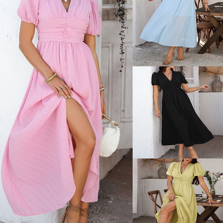 Damen Maxikleid mit voluminösen Puffärmeln und Knopfdetails Drune
