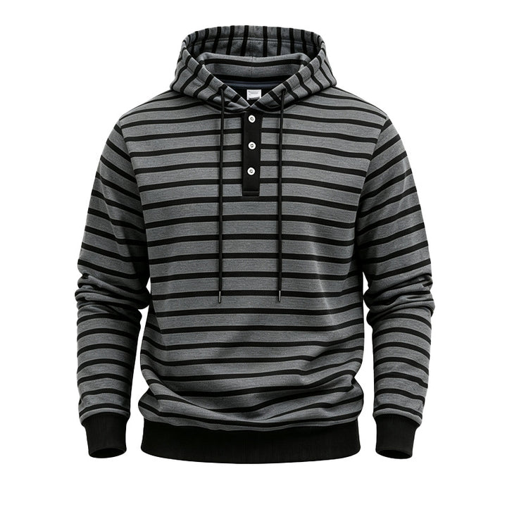 Herren Gestreifter Kapuzenpullover mit Henley‑Knopfleiste, Kordelzug und Rippbündchen Drune