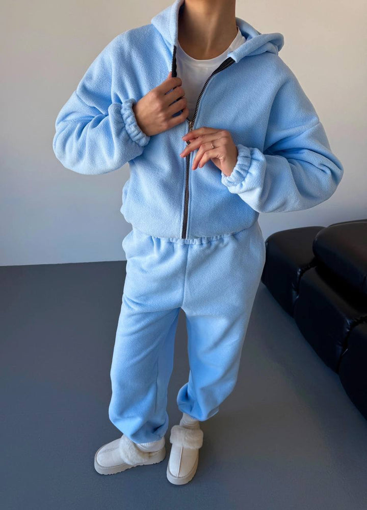 Damen kuscheliges Fleece-Hoodie und Jogginghose Lounge-Set mit Reißverschluss Kapuze elastischem Bund Drune