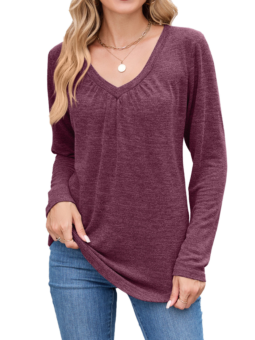 Damen Langarmshirt mit raffiniertem V-Ausschnitt und Falten Drune