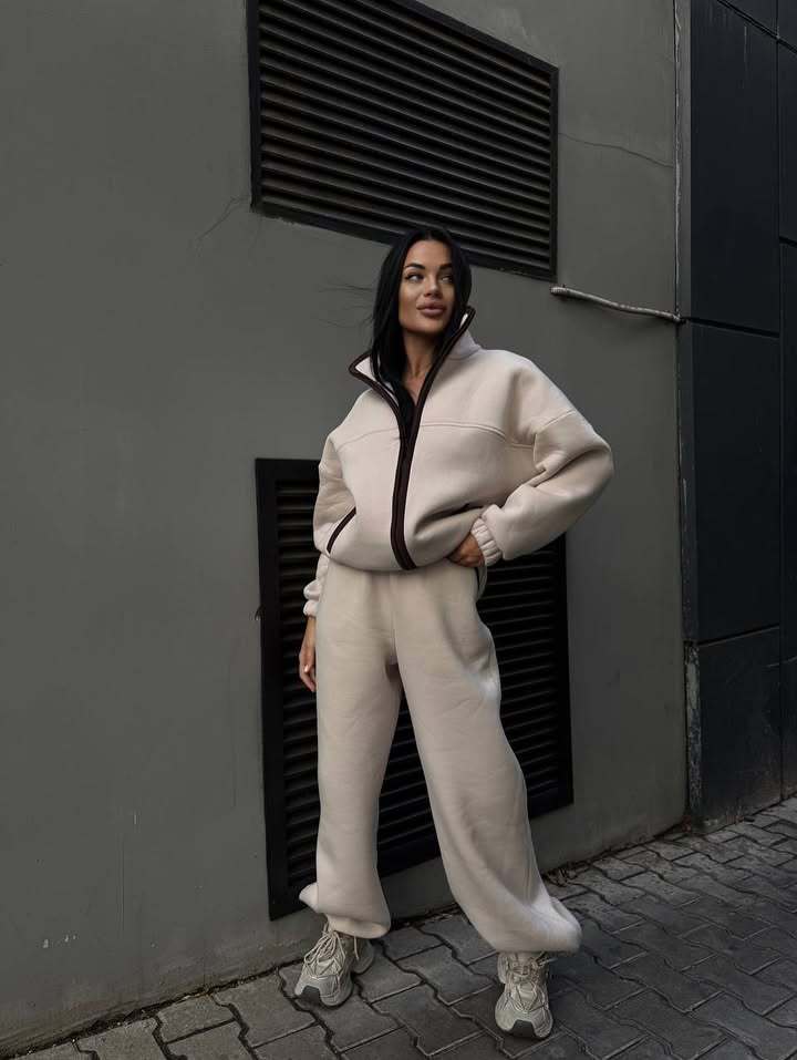 Damen Zweiteiliges Teddyfleece-Lounge-Set mit Stehkragen und weitem Joggerbein Drune