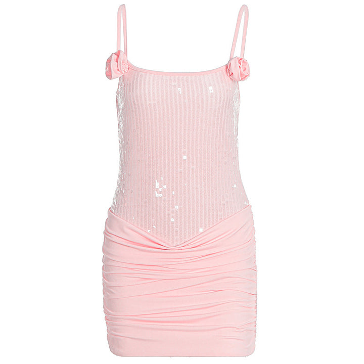 Damen Minikleid mit Paillettenverzierung und Rüschendetails Drune