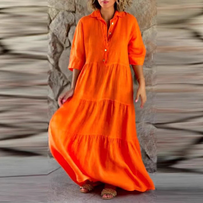 Damen nan sommerliches Leinenmix Stufenmaxikleid mit Hemdkragen, geraffter Taille und ellbogenlangen Ärmeln Drune