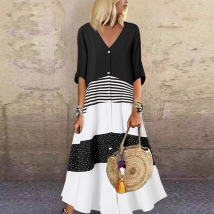 Damen Maxikleid mit Knopfverschluss und dekorativen Mustern Drune