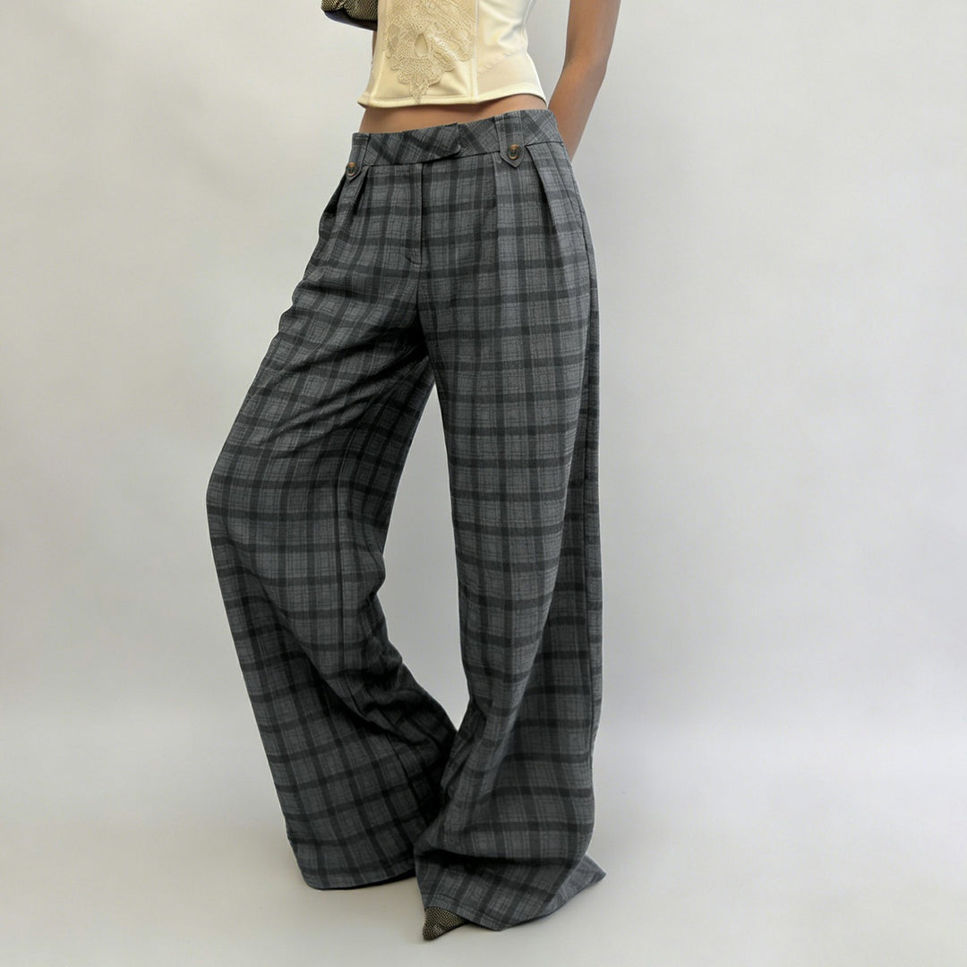 Damen Weite Karierte High-Waist Culotte-Hose mit Bundfalten Drune
