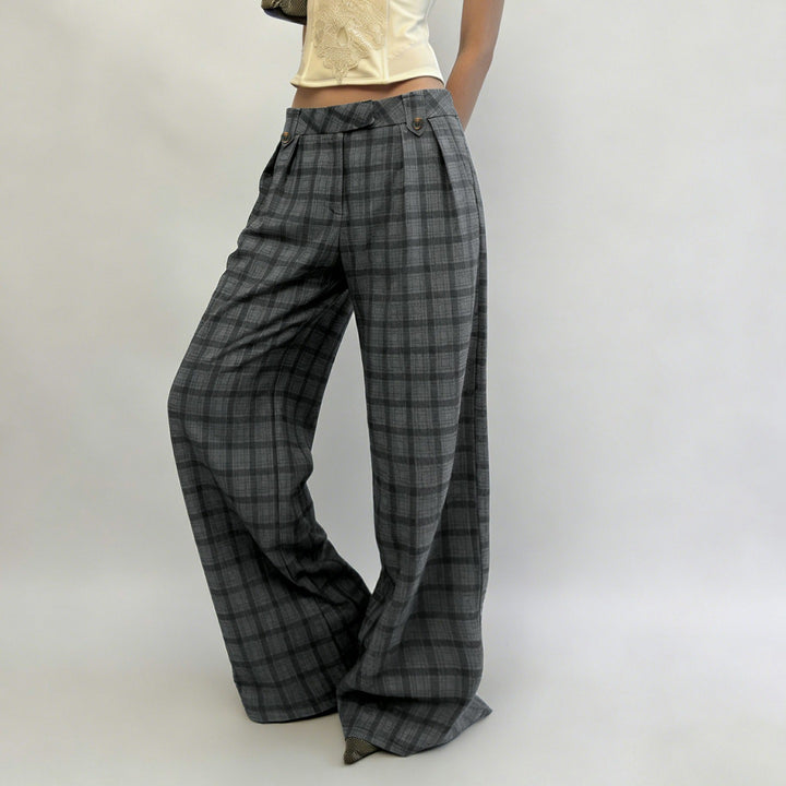 Damen Weite Karierte High-Waist Culotte-Hose mit Bundfalten Drune