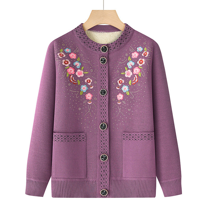 Damen nan bestickte Strickjacke mit Rundhals, aufgesetzten Taschen und dekorativer Knopfleiste Drune
