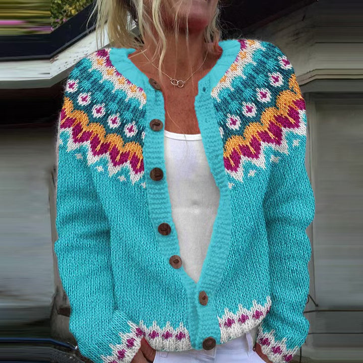 Damen nan gemusterte Strickjacke mit Rundpasse, Holzknöpfen und Eingrifftaschen Drune
