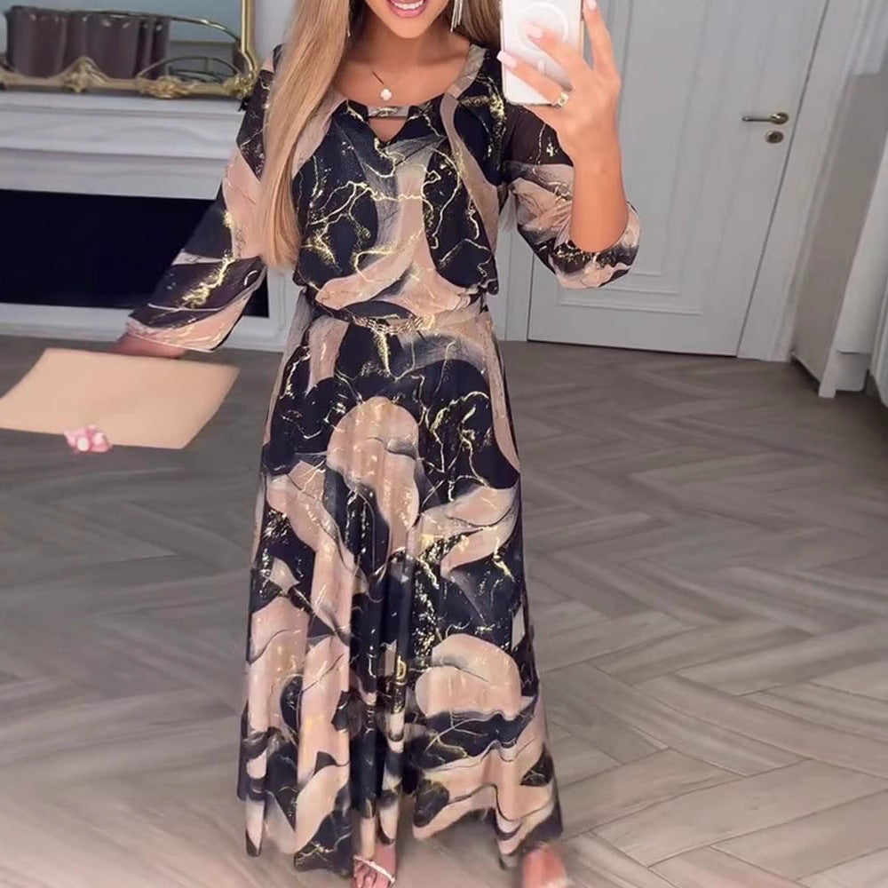 Maxikleid für Damen im fließenden Chiffon-Look mit abstraktem Marmorprint und 3/4-Ärmeln Drune