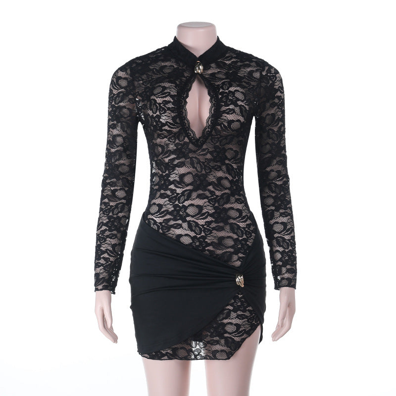 Damen Spitzenkleid mit tiefem V-Ausschnitt und raffiniertem Wickel-Design Drune
