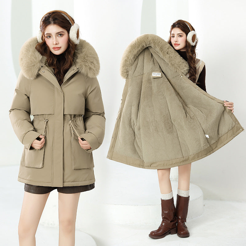 Damen Modische Winterjacke mit abnehmbarer Kapuze und hochwertigem Kunstfell Drune