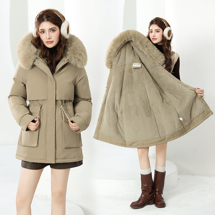 Damen Modische Winterjacke mit abnehmbarer Kapuze und hochwertigem Kunstfell Drune