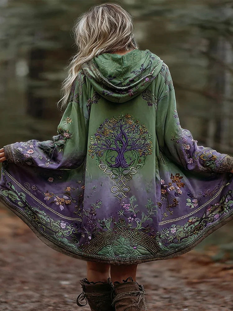Damen Boho Kapuzenmantel im Schwung-Schnitt mit Baum-Motiv und Farbverlauf Drune