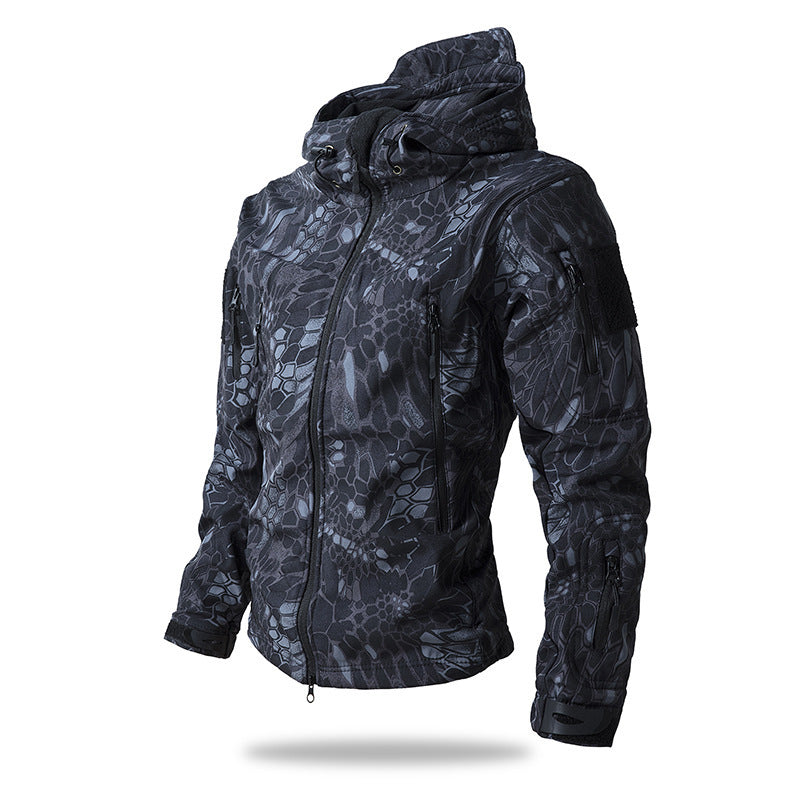 Herren Taktische Softshelljacke mit Kapuze, Tarnmuster und Mehrfach-Reißverschlusstaschen Drune