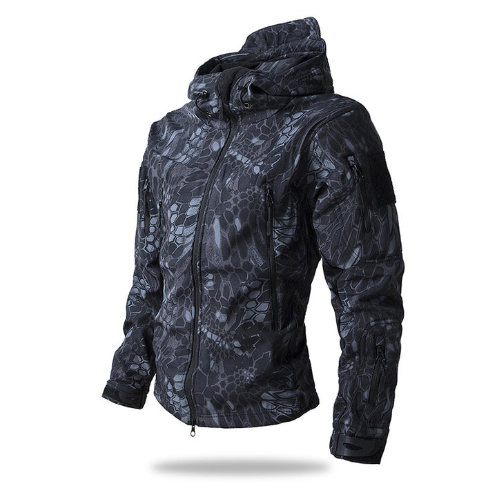 Herren Taktische Softshelljacke mit Kapuze, Tarnmuster und Mehrfach-Reißverschlusstaschen Drune