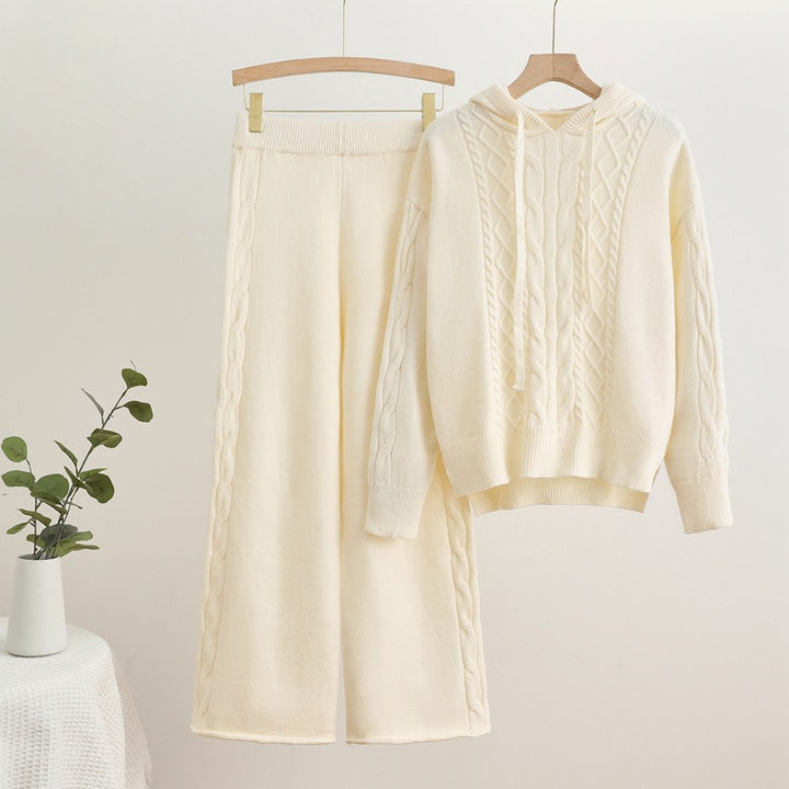 Damen lässiges Strick-Loungewear-Set mit Kapuze und breiten Beinen Drune