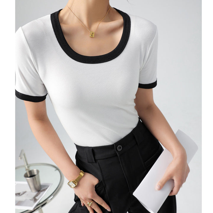 Damen kurzärmliges Shirt mit geometrischem Rippdesign und Kontrastdetails Drune