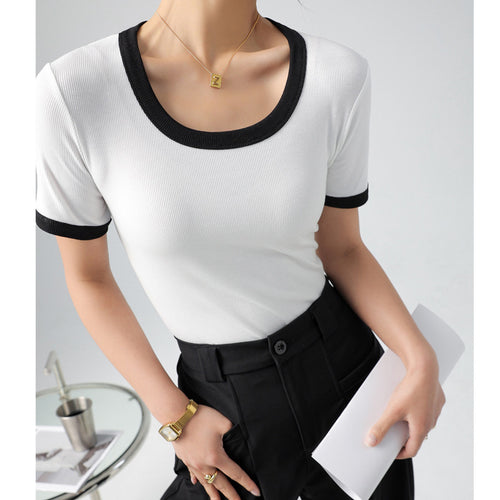 Damen kurzärmliges Shirt mit geometrischem Rippdesign und Kontrastdetails Drune