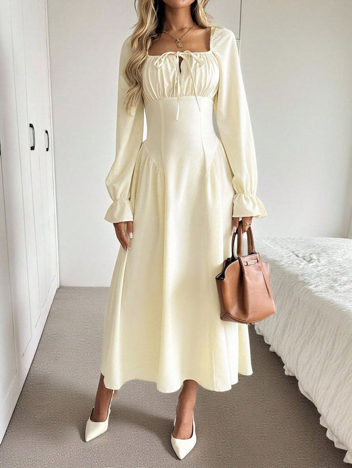 Damen romantisches Midikleid mit Korsagen-Taille, Quadratausschnitt und voluminösen Ärmeln Drune
