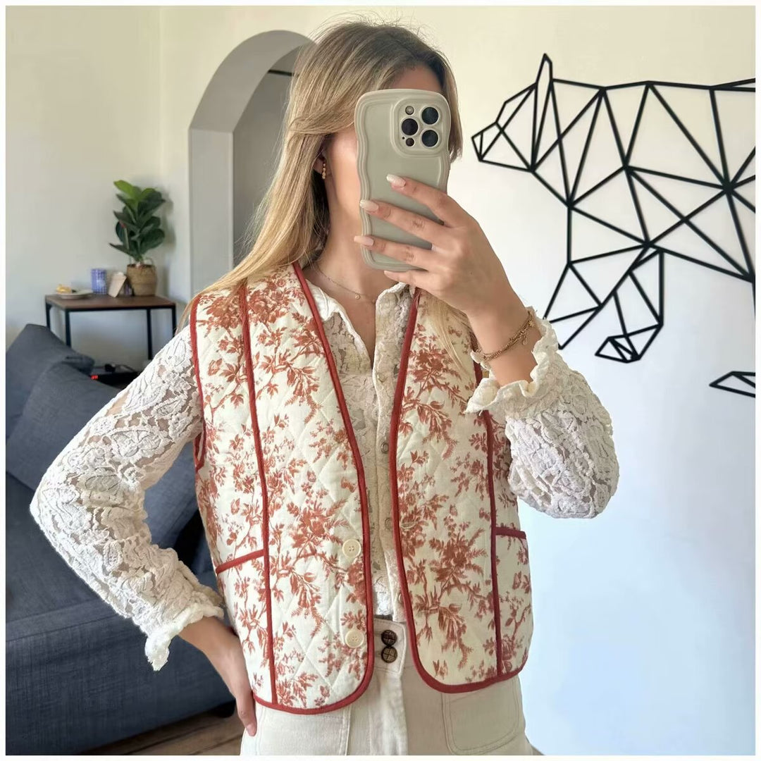 Damen nan leichte gesteppte V-Neck-Weste mit floralem Allover-Print, kontrastierender Paspel und praktischen Eingrifftaschen Drune