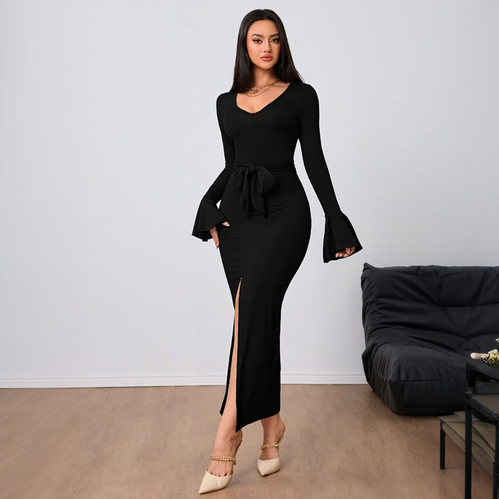 Damen figurbetontes Maxikleid mit V-Ausschnitt Trompetenärmeln Taillenband und hohem Seitenschlitz Drune