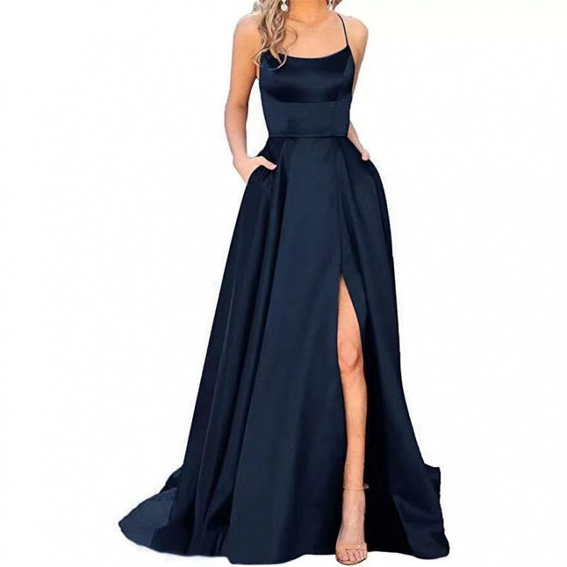 Damen Maxikleid Spaghettiträger Oberschenkelschlitz
