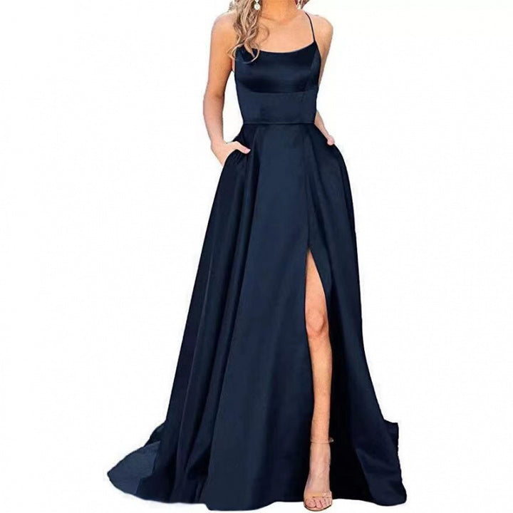 Damen Maxikleid Spaghettiträger Oberschenkelschlitz