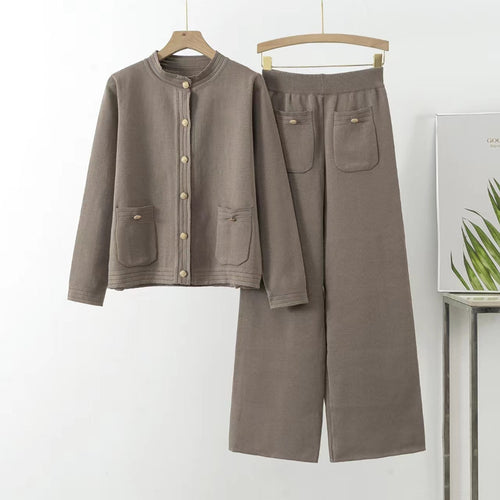 Damen gemütliches Strick-Loungewear-Set mit Knopfdetaillierung und aufgesetzten Taschen Drune