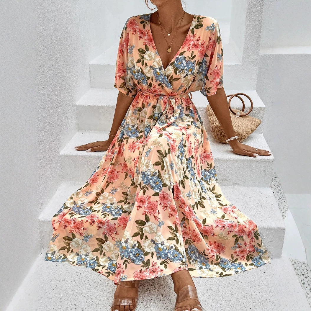 Damen nan florales V-Ausschnitt-Bindekleid mit tailliertem Gürtel und seitlichem Beinschlitz Drune